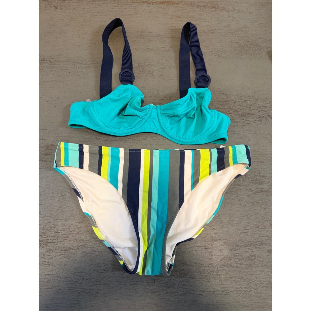 Aerie Teal Underwire Bikini Top and Striped Bottoms Two Piece Swimsuit Set M